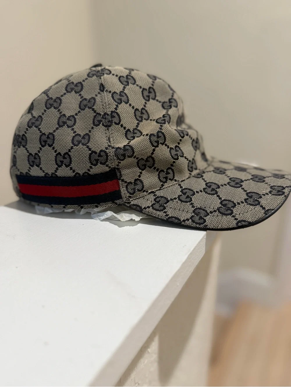 Gucci Beige/Navy GG Canvas Cap with Signature Web Accent